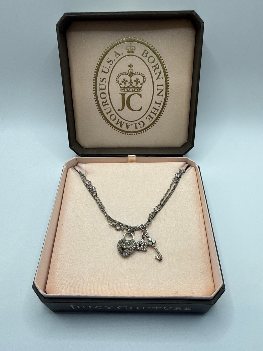 Juicy Couture Rhinestone Heart Crown Key Charm Necklace Silver Tone w/ Box